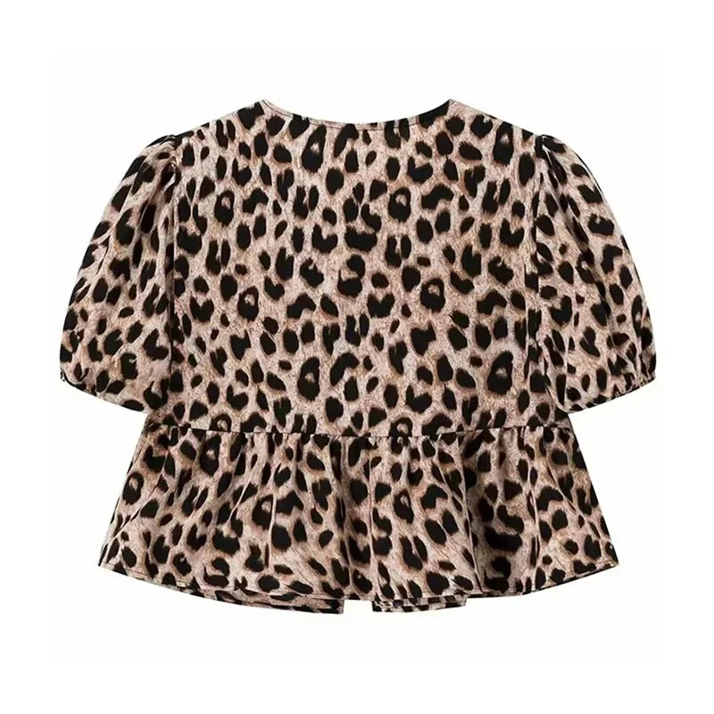 "Leopard Print Puff Sleeve Crop Top – Ruched Ruffle Blouse for Women"