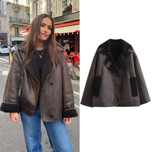 "Women’s Thick Faux Leather Jacket – Autumn Winter Wool Blend Demi-Season Plush Coat"