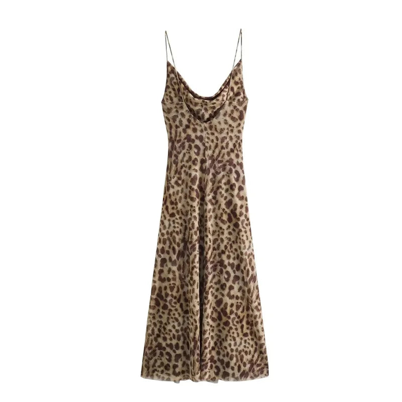 "Leopard Print Backless Tulle Slip Dress – Vintage Midi Party Dress for Women"