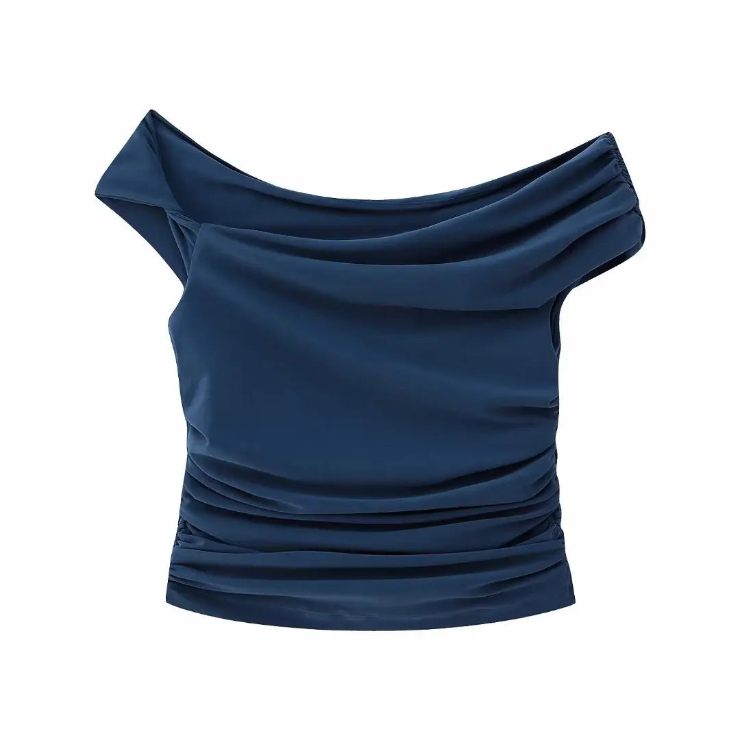 "Asymmetric Pleated Off-Shoulder Crop Top"