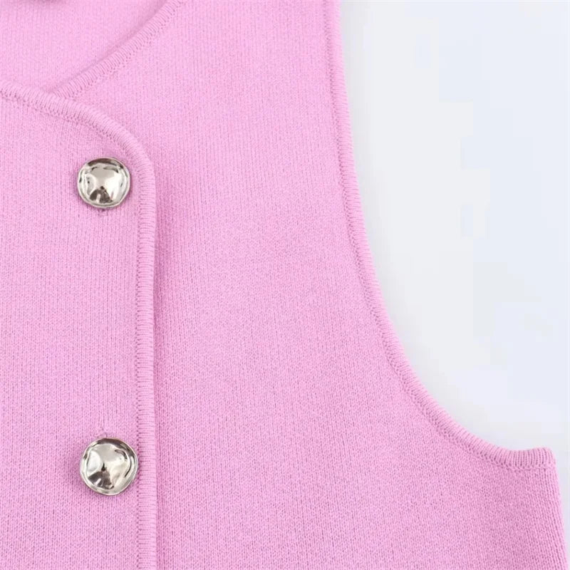 Pink Knit Sleeveless Cropped Vest – Double-Breasted Summer Top