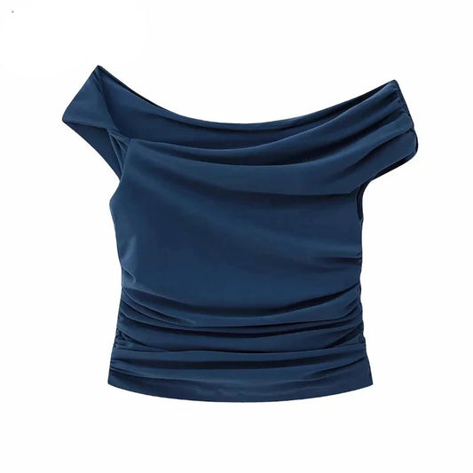 "Asymmetric Pleated Off-Shoulder Crop Top"