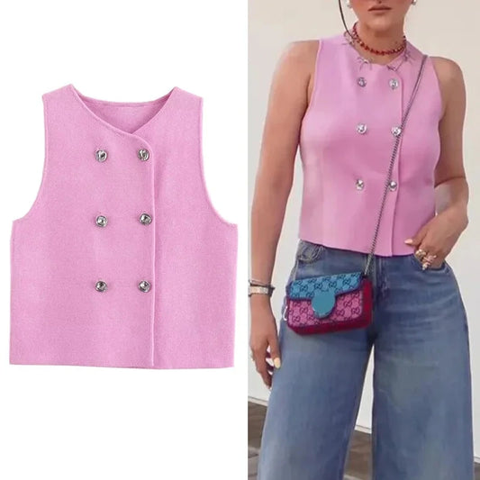 Pink Knit Sleeveless Cropped Vest – Double-Breasted Summer Top