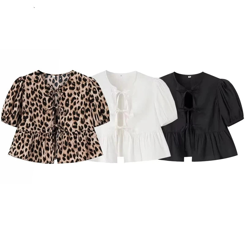 "Leopard Print Puff Sleeve Crop Top – Ruched Ruffle Blouse for Women"