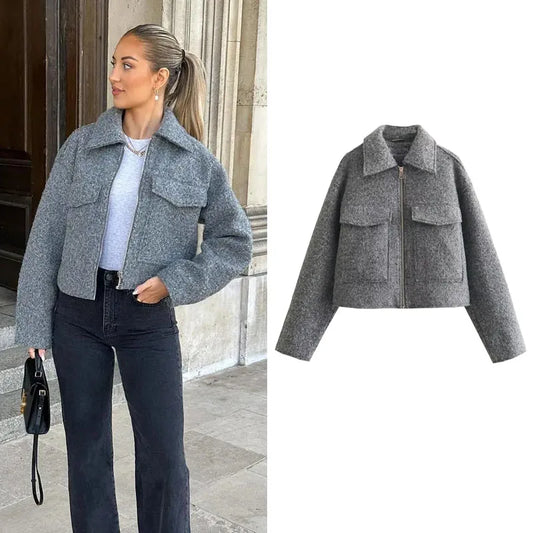 Autumn Winter Tweed Cropped Jacket for Women