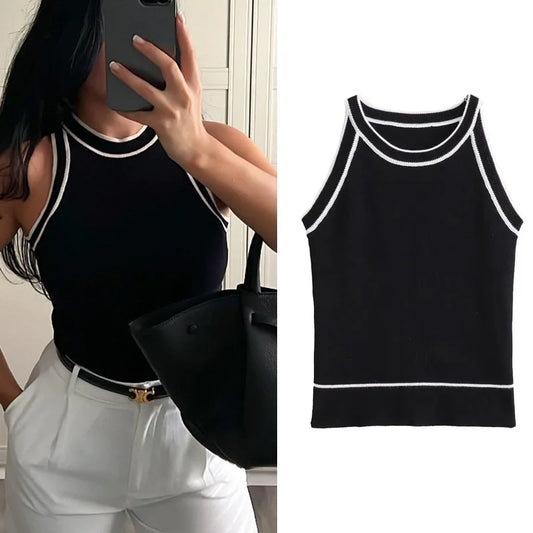 "Black Sleeveless Crop Top for Women – 2023 Knitted Sexy Vest Tank"