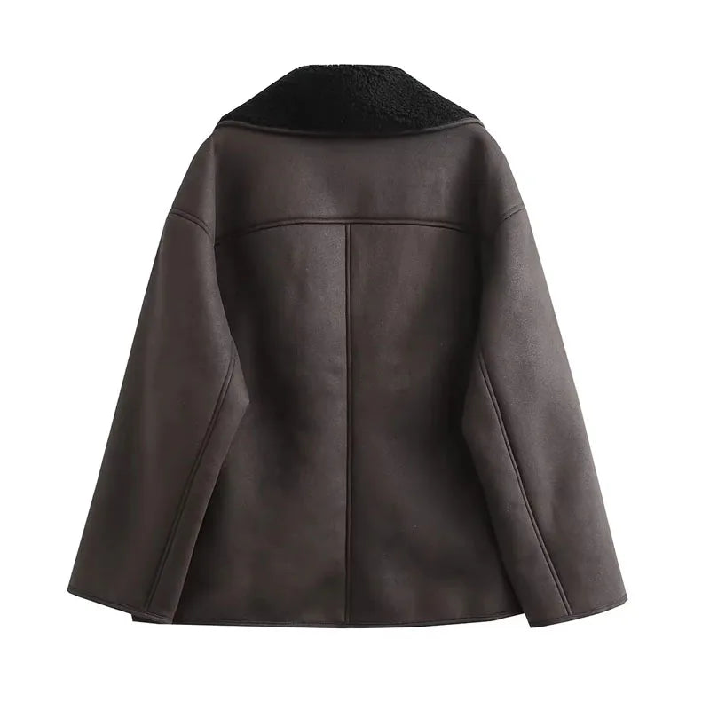 "Women’s Thick Faux Leather Jacket – Autumn Winter Wool Blend Demi-Season Plush Coat"