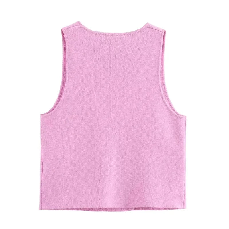 Pink Knit Sleeveless Cropped Vest – Double-Breasted Summer Top