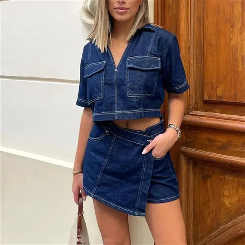 "Blue Denim Cropped Shirt for Women – Short Sleeve Y2K Streetwear Blouse"