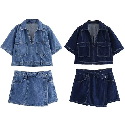 "Blue Denim Cropped Shirt for Women – Short Sleeve Y2K Streetwear Blouse"