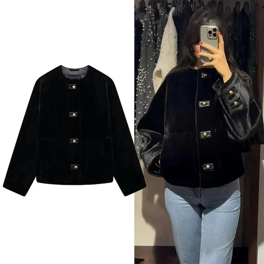 Black Faux Fur Jackets for Women Plush Demi-season Jacket