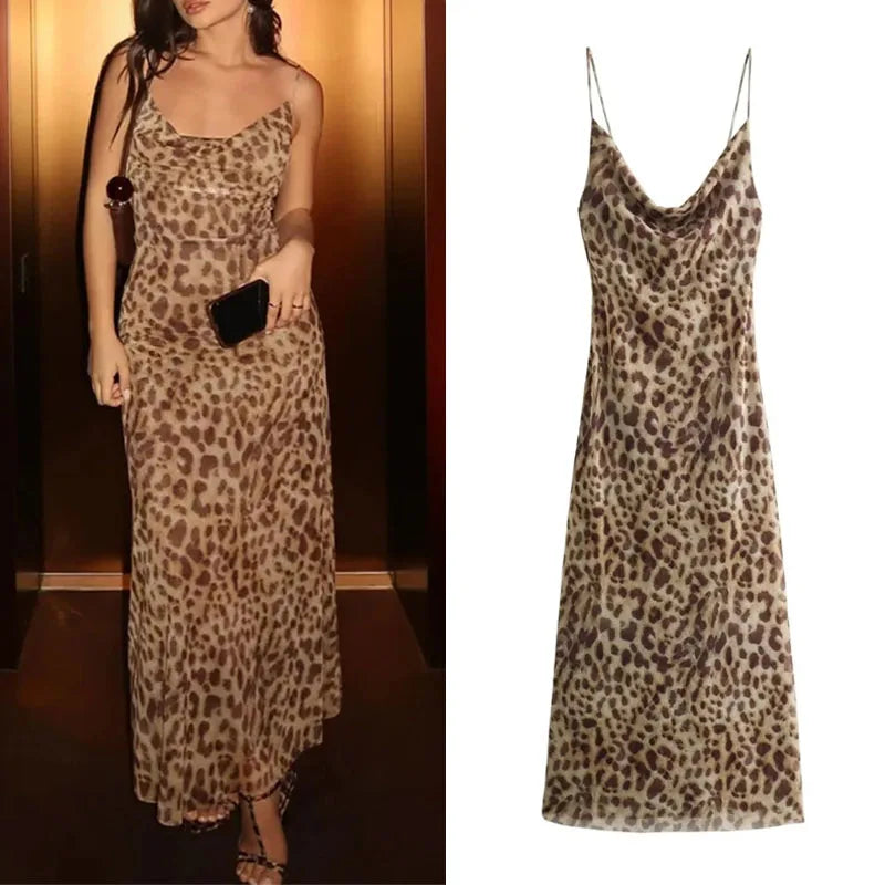 "Leopard Print Backless Tulle Slip Dress – Vintage Midi Party Dress for Women"