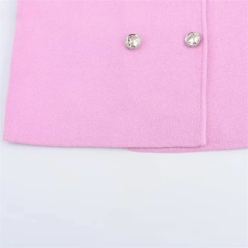 Pink Knit Sleeveless Cropped Vest – Double-Breasted Summer Top