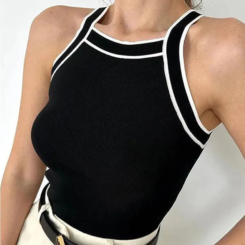 "Black Sleeveless Crop Top for Women – 2023 Knitted Sexy Vest Tank"