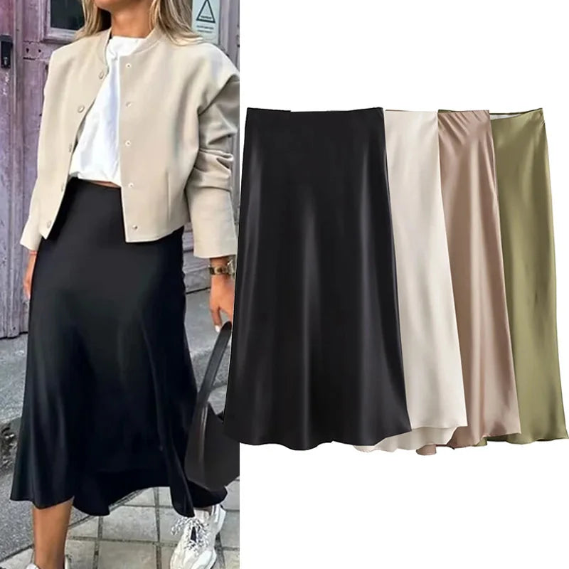 Black Satin Skirt Woman High Waist Elegant Long Skirts For Women Fashion