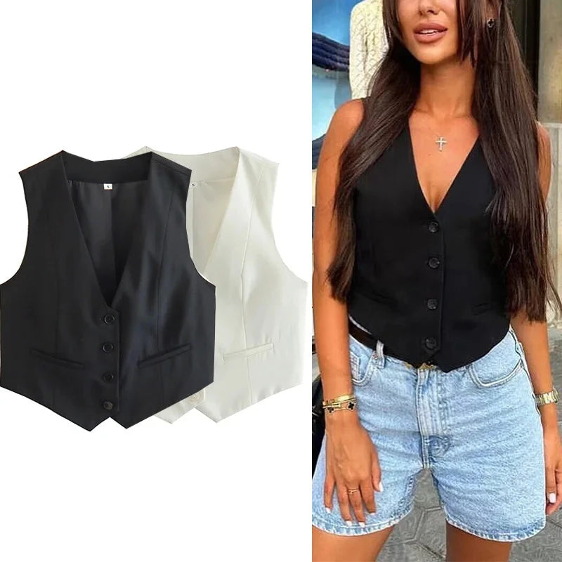 Women's Vest Black White Cropped